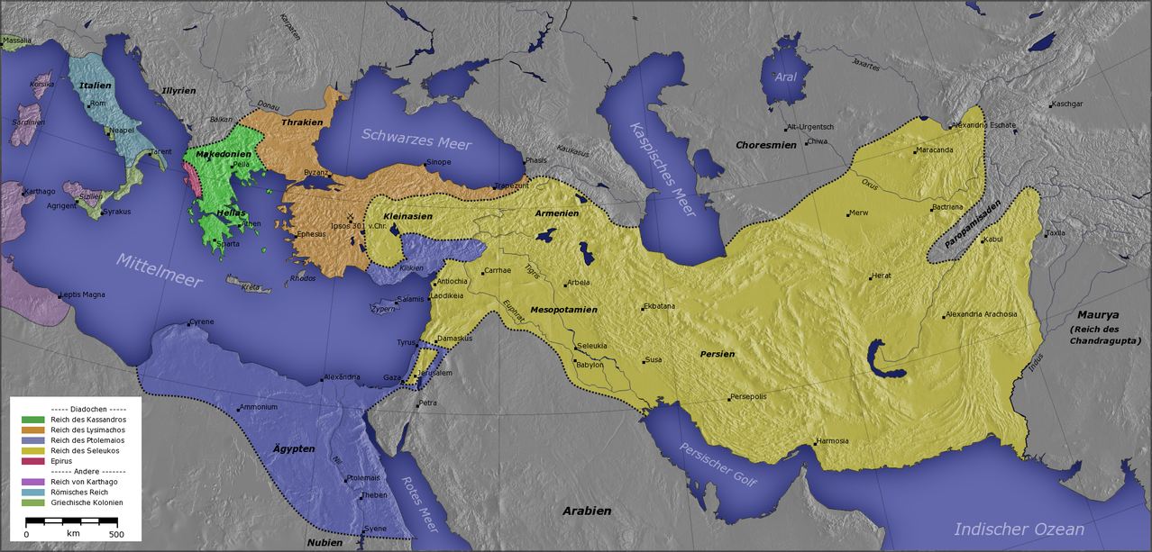 قلمرو اسکندر مقدونی که بعد از مرگش بین سردارانش تقسیم شد